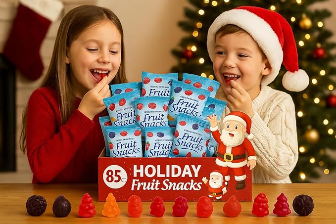 Holiday Fruit Snacks Variety Box – 85 Count – Individually Wrapped Mixed Fruit Gummies – Festive Christmas Treats for Stockings, Parties & Gifts. Made With Natural Fruit Flavor