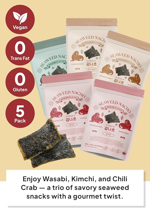Korean Food SEAART Seaweed Snack Gift Set – 5 Packs Variety (Wasabi ×1, Kimchi ×2, Chili Crab ×2) – Vegan, Low-Calorie, All-Natural Korean Sea Vegetable Snack Assortment