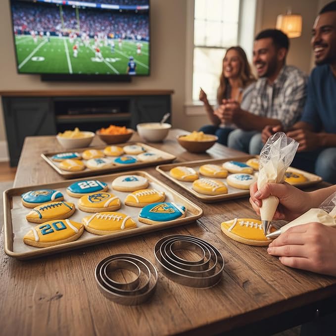 6pcs Football Cookie Cutter Set with 50pcs Tipless Piping Bags, Stainless Steel Football Biscuit Molds for Parents-Kids Baking, DIY Sport Theme Party Cookies, Family/Workshop Baking & Decoration Kit