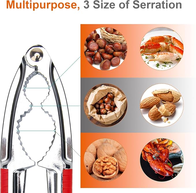 Anglekai Nut Crackers, 8Pcs Multi-Purpose Stainless Steel Seafood Pecan Cracker, Non-slip Handle Walnut Cracking Tools (Red)