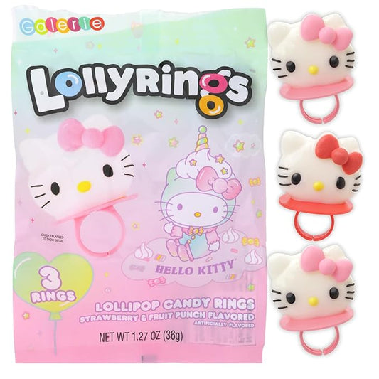 Hello Kitty Lollipop Rings, Strawberry and Fruit Punch Flavored Suckers, Themed Party Favors, 3 Count Bag, 1.27 Ounces (1 Pack)
