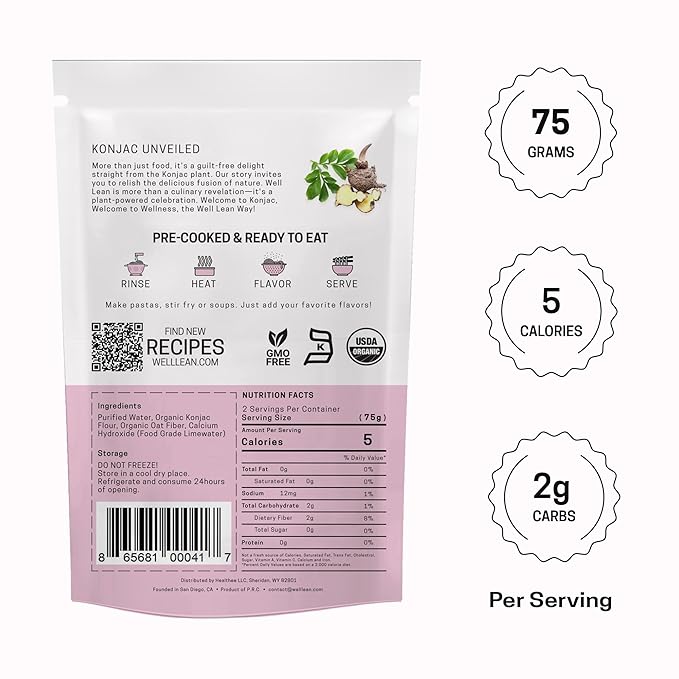 Well Lean Organic Fettuccine, 6-Pack Premium Shirataki Konjac Pasta, USDA Organic, 100% Plant Based, Keto Friendly, Zero Net Carb, Non-GMO, Ready to Eat, Low Calorie, Gluten Free, Vegan, Diet
