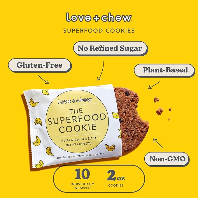 Love + Chew Superfood Soft Baked Vegan Cookies, Gluten Free, 7g Plant Based Protein Cookie, Healthy Snacks for Adults and Kids, Refined Sugar Free, Individually Wrapped Cookies, Banana Bread, 10 Pack