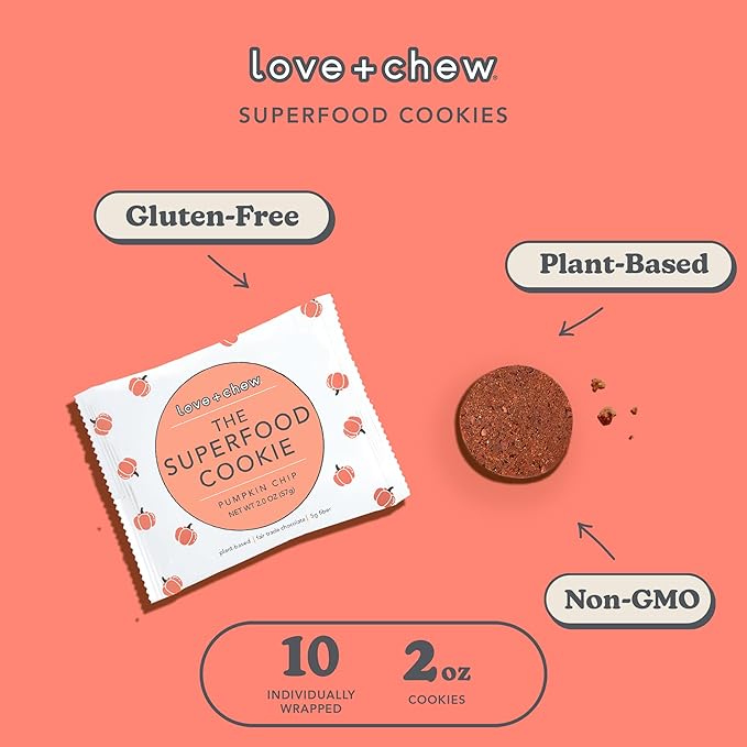 Love + Chew Superfood Soft Baked Vegan Cookies, Gluten Free, 7g Plant Based Protein Cookie, Healthy Snacks for Adults or Kids, Refined Sugar Free, Individually Wrapped, Pumpkin Chocolate Chip, 10 Pack
