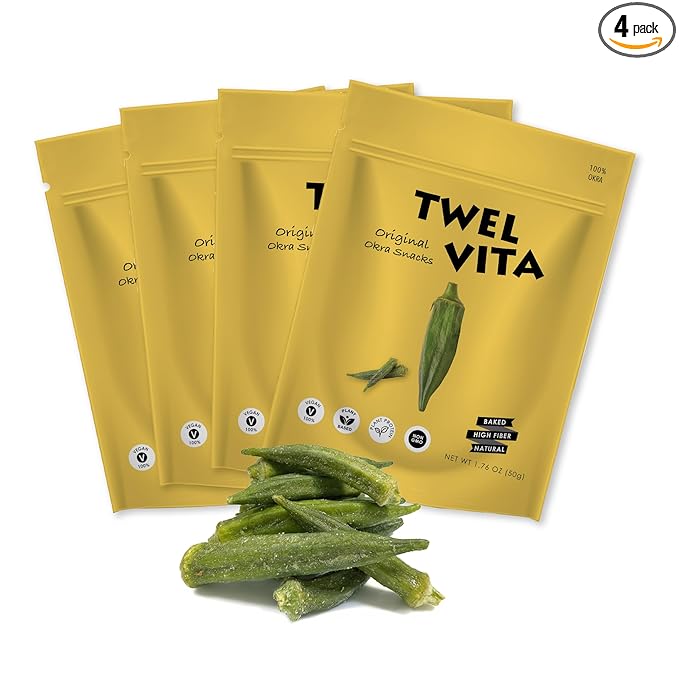 TWEL VITA Natural Okra Crisps, Pack of 4 (1.76 oz Each) | Vegan, Plant-Based, Clean Label, Non-GMO, Gluten-Free, Paleo, Keto, Low Carb Savory Snack | Crunchy Okra Chips Variety