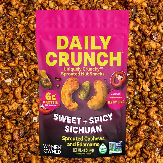 Daily Crunch Sprouted Cashews and Dehydrated nuts for a Unique Crunch, Keto Friendly, Non-GMO Zero Seed Oils, Gluten Free 4oz (2 Pack, Sweet + Spicy Sichuan Cashews)