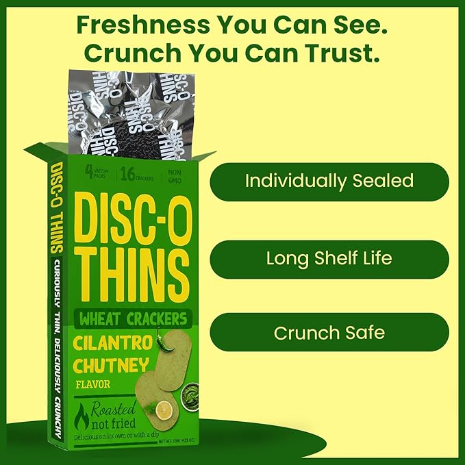 Disc-O Thins Whole Wheat Crackers - Crunchy Roasted Snack, High-Fiber & Low-Fat On-the-go Snack Chips, 96pcs (Cilantro Mint Chutney) - Vegan Healthy Travel Snack, Non-GMO - Great with Spicy Dips, Salsa or Beer