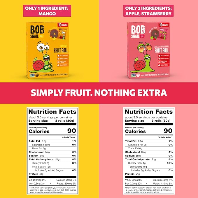 Bob Snail Fruit Roll Ups – 50 Natural Fruit Snacks (Mango & Strawberry), Vegan, No Added Sugar, Healthy On-the-Go Pack, 500g