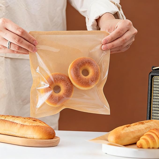 120Pack cookie bags with seal, 5.7x6.5 Inch Small Paper Bakery Bags with Window 140 Pcs Thank You Stickers, Heat Sealable & Grease Resistant for Donut, Treats, Scone, Brownie Packaging