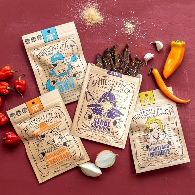 Righteous Felon Beef Jerky Variety Pack | Gluten Free Snack Packs for Adults | High Protein, Keto, Low Sugar | Made with Premium Meats | Valentines Day Gifts for Men | Spicy Jerky 4 Pack