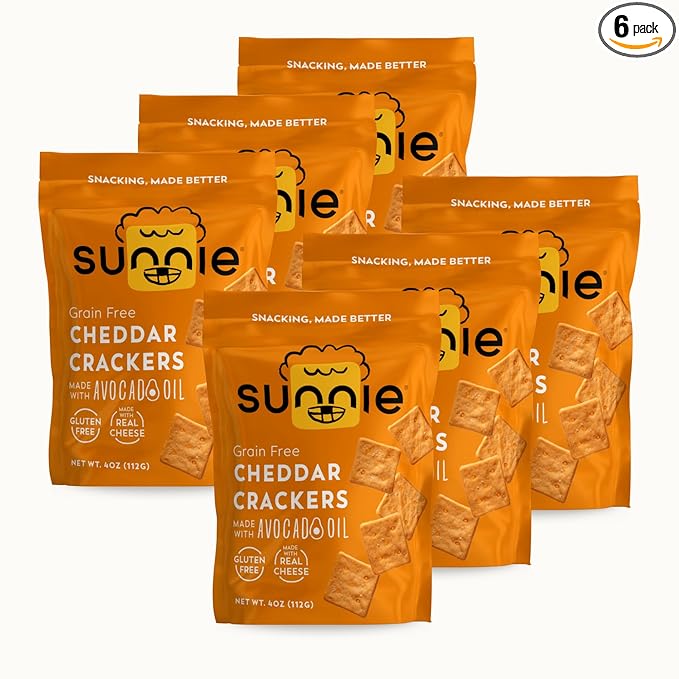 Sunnie Gluten Free Cheddar Crackers, Healthy Grain-Free Cracker Made with Real Cheese, Snacks for Kids & Adults, Made with Avocado Oil, Low Calorie Snack, 4 oz, Pack of 6