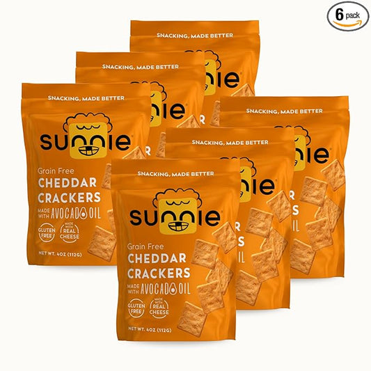 Sunnie Gluten Free Cheddar Crackers, Healthy Grain-Free Cracker Made with Real Cheese, Snacks for Kids & Adults, Made with Avocado Oil, Low Calorie Snack, 4 oz, Pack of 6