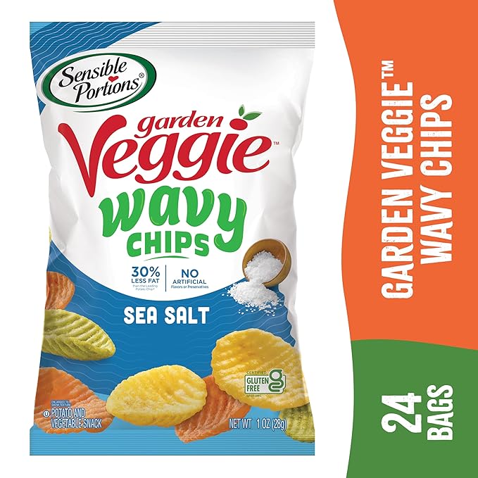 Sensible Portions Garden Veggie Wavy Chips, Sea Salt, Snack Size, 1 Oz (Pack of 24)