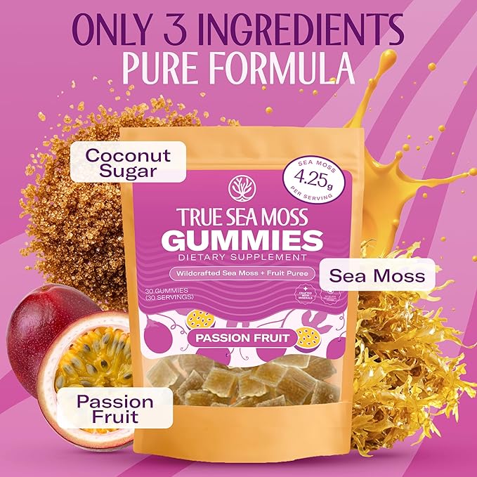 True Sea Moss Gummies – High Potency 4250mg Wildcrafted Irish Sea Moss Gel Extract per Serving + Passion Fruit Flavor – With Coconut Sugar & Real Fruit Purée – 30 Gummies (30 Servings)