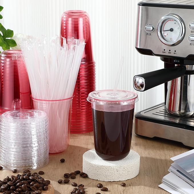 Ziliny 50 Sets Clear Plastic Cups with Lids and Straws, Disposable Iced Coffee Cups Drinking PET for Cold Drinks, Juice, Smoothie, Coffee Shops, Party, Christmas(Pink,16 oz)