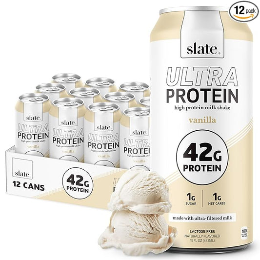 Slate Milk - Ultra Protein Shake - Vanilla - 42g Protein, 1g Sugar, 180 Calories, 1g Net Carbs - Lactose Free, No Added Sugar - Made with Ultra Filtered Milk - Breakfast Boost, Post Workout - 15 fl oz, 12 Cans