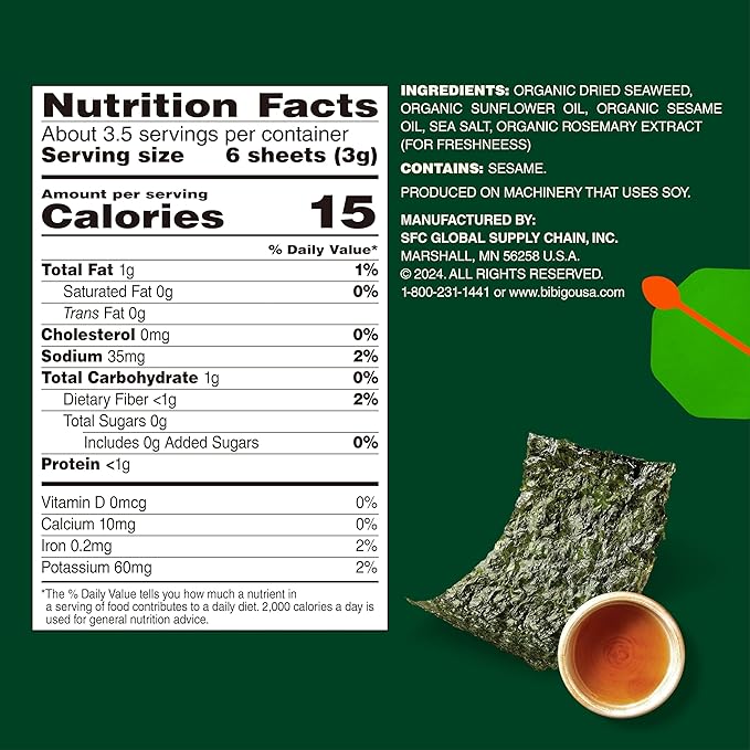 Bibigo Seaweed Snack, Sesame Flavor, Non GMO, Gluten Free, 0.35 Ounces (Pack of 12)