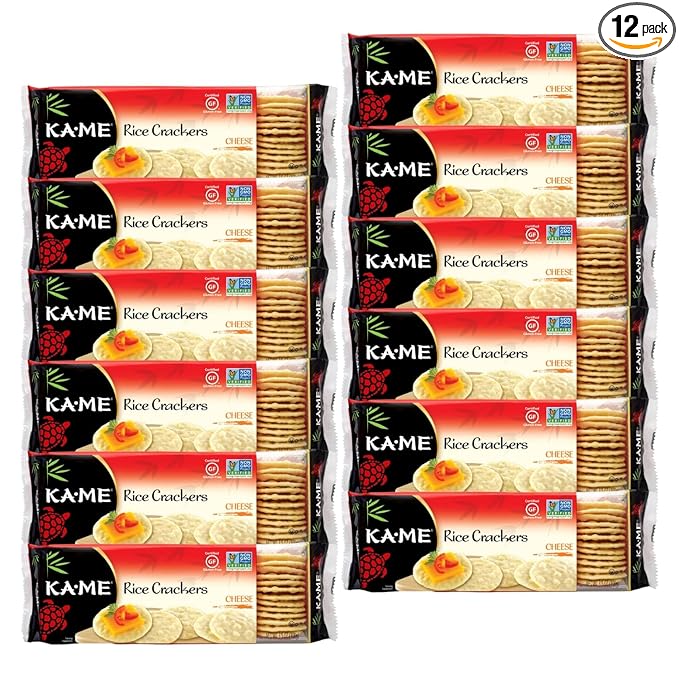 KA-ME Gluten-Free Cheese Rice Crackers 3.5 oz (Pack of 12), Authentic Asian Ingredients and Flavors, Certified Gluten Free Crackers, No Artificial Flavors/Colors, Non GMO Snacks, Served with Asian Salmon, Cream Cheese, Egg & Tuna Salad, Asian Guacamole...