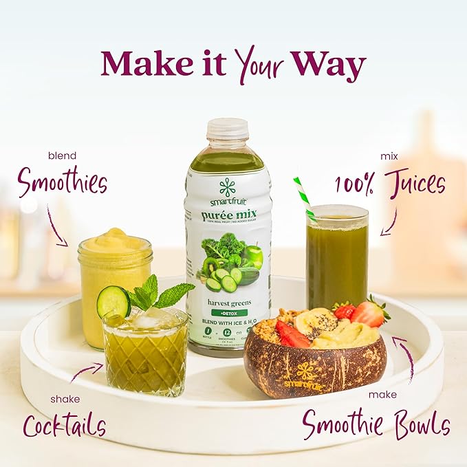 Smartfruit Harvest Greens + Detox – 100% Real Fruit Purée with Kiwi, Cucumber, Kale, Spinach, Lemongrass, Apple, Banana – Great for Smoothies, Juice, Yogurt, Cocktails, Teas & More – 48oz