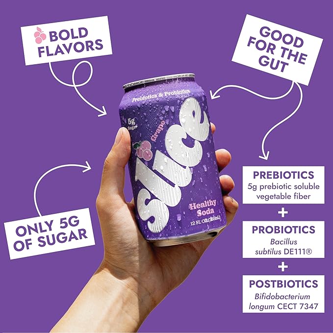 Slice Healthy Soda, Grape, Prebiotic & Probiotic Soda Pop, 5g Fiber, 40 calories, 12 fl oz 12 Pack