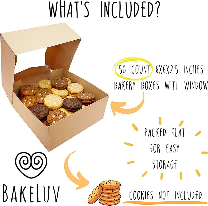 BAKELUV 50 pcs Brown Bakery Boxes with Window 6x6x2.5 Inches Cookie Boxes, Pastry, Treats, Dessert, Small Cake, Brownie, Cupcakes, Chocolate Covered Strawberries | Auto-Popup |