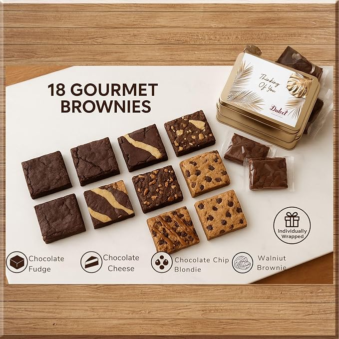 Thinking of You Gift Basket - 18 Individually Wrapped Brownies Freshly Baked in a Variety of Flavors - Dulcet's Signature Flavored Fudge Brownies - Gift Box Comes with Thinking of You Card
