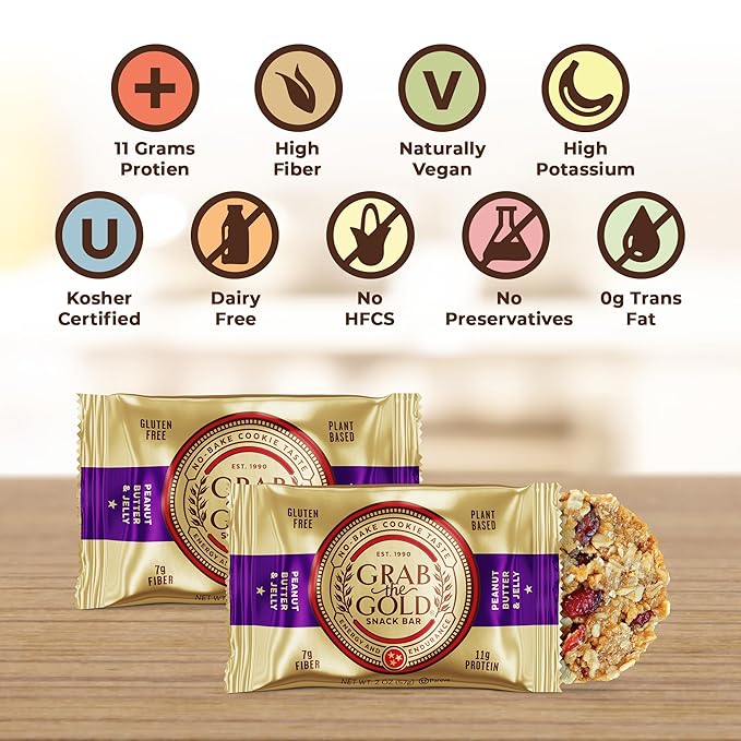 Grab The Gold Cranberries Peanut Butter & Jelly Protein Snack Bars | 11g Plant-Based Protein Bars with Organic Oats, Whole Food Nutrition | Gluten-Free, Vegan, High-Fiber | 14 Bars Amazon Exclusive