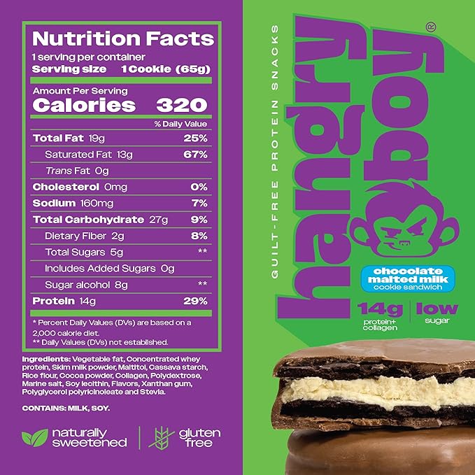 Hangryboy Protein Cookie Sandwich – 14g High Protein, Gluten‑Free, GMO‑Free Cookies - Perfect on The Go Protein Snack, Chocolate Malted Milk, 12‑Count Box