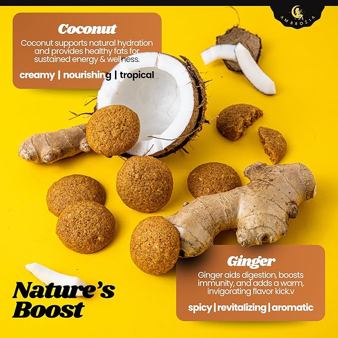 Ambrozia Vegan Snack Biscuits – Ginger & Coconut - Soft Baked, No Added Sugar, Clean Label, High Fiber & Wholesome Ingredients, Kid-Friendly, Healthy Snacks for Active Lifestyles, 4 x 4.58 Oz