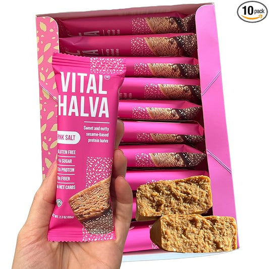Vital Halva Vegan Protein Fiber Bar, Pink Salt, Gluten Free, Dairy Free, Soy Free, Low Sugar, No Added Sugar, 12G Protein, 19G Fiber, 6G Carb, Snack Bar, 10ct