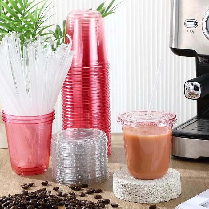 Ziliny 50 Sets Clear Plastic Cups with Lids and Straws, Disposable Iced Coffee Cups Drinking PET for Cold Drinks, Juice, Smoothie, Coffee Shops, Party, Christmas (Pink,14 oz)