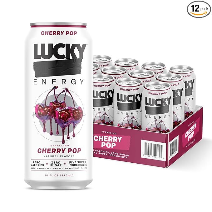 Lucky Energy Sugar Free Energy Drinks, Cherry Pop, 16oz Cans (12-Pack) Healthy, Zero Sugar Energy Drink with Maca, Ginseng, Beta-Alanine, Taurine & 200mg Caffeine