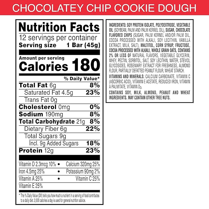 Special K Bar Protein Meal Bars, 12g Protein Snacks, Meal Replacement, Chocolatey Chip Cookie Dough, 19oz Box (12 Count)