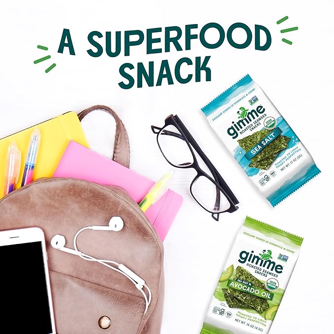 Gimme Seaweed Organic Premium Roasted Seaweed Snacks, Sea Salt & Avocado Oil, 6 Count, Keto, Vegan, Gluten-Free, Great Source of Omega3s and Iodine, Healthy On-The-Go Snack for Kids and Adults