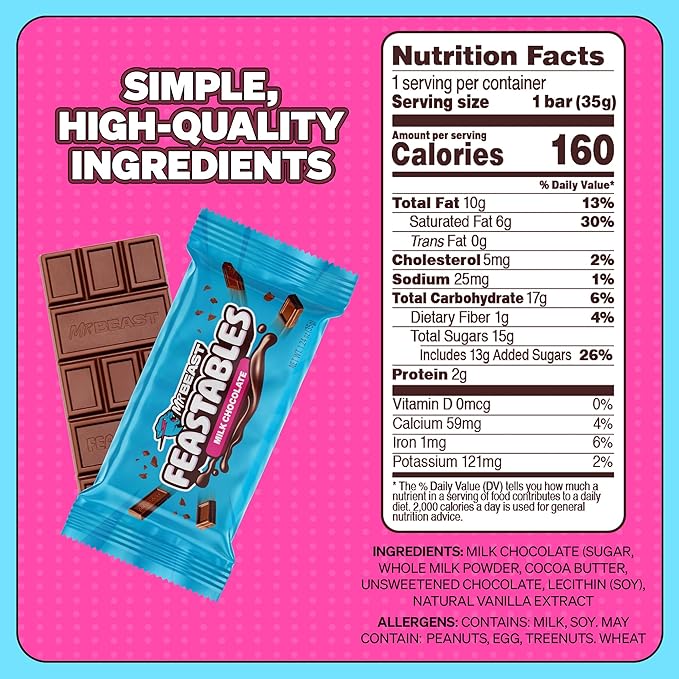 Feastables MrBeast Milk Chocolate Chocolate Bar, Full Size Bar for Adults & Kids, Candy Bars, Snacks, Gifts, or Dessert, Sweet & Creamy Fairtrade Cocoa, 1.24 Oz Each, 24 Count