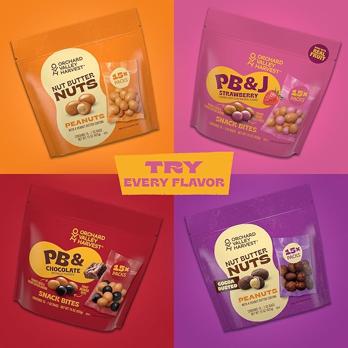 Orchard Valley Harvest Peanut Butter Covered Peanuts & Fudgy Brownie Bites With Chocolatey Coating Snack Mix, 1oz Bags (Pack of 15), Perfect On-The-Go Snack