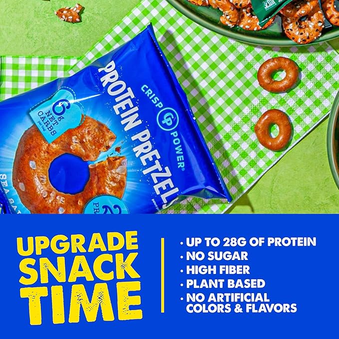 Crisp Power High Protein Pretzels, Sea Salt, High Protein Snack, 28G Protein, Low Carb, Crunchy, No Added Sugar, Keto-Friendly Snack, 1.75 oz Bags, 6 Pack, Vegan, Plant-Based, Keto