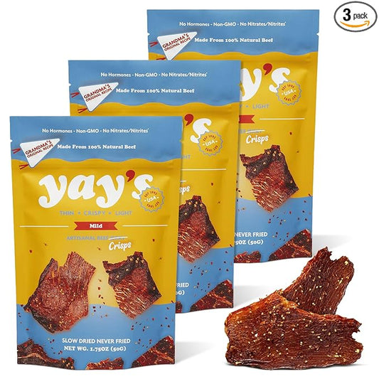 Yay's Snacks Sweet and Spicy Beef Crisps | Crispy, Crunchy, High Protein Snacks | Mild Beef Jerky with 24G Protein Snacks Per Bag | Healthy Meat Snacks Non-GMO, USA Made - 3 Packs (1.75 Oz Each)