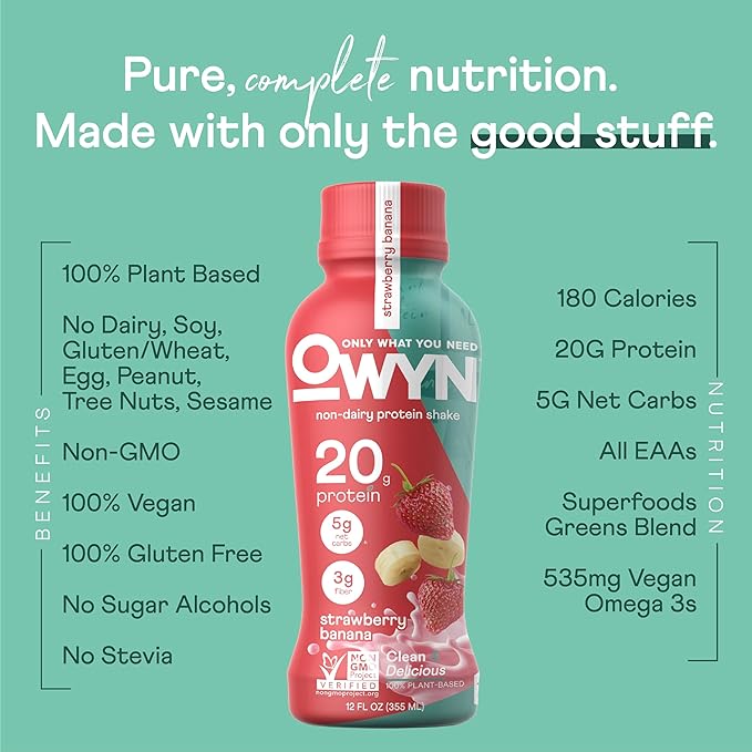 OWYN Only What You Need Protein Shake Variety Pack, Strawberry Banana, Dark Chocolate, Smooth Vanilla Flavored Protein Shakes, 20g Protein, 4g Sugar, 3g Fiber, Dairy Free, Plant Based Protein, 12 CT