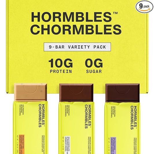 Hormbles Chormbles Protein Candy Bars, Variety Pack, 10g Protein, 0g Sugar, Milk Chocolate, Peanut Butter, Salted Fudge Candy With Crunchy Pieces, Sugar Free Snacks or Dessert, 9 Pack