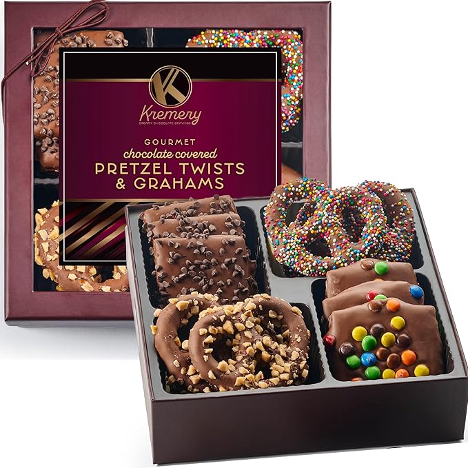KREMERY Creamy Chocolate Cravings - Valentines Day Chocolate Covered Pretzel Twists & Grahams Cookies Gift Basket, in Brown Gift Box (12 Count, Assorted Sweet Toppings) Sweet Treats, Kosher