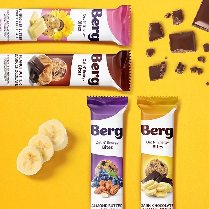 Berg Energy Bites Sunflower Butter & White Chocolate – Plant‑Based Protein Snack with 16 g Protein & 1 g Sugar – Vegan, Gluten‑Free, Low Sugar, High Fiber, Non‑GMO Prebiotic Bites – 1.5 oz (8 Pack)