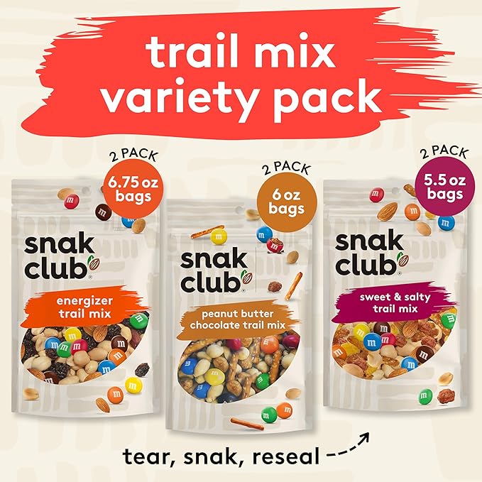 Snak Club Trail Mix Variety Pack, Protein Snacks, Includes Energizer Trail Mix, Sweet and Salty, and Peanut Butter Chocolate, 6 Pack