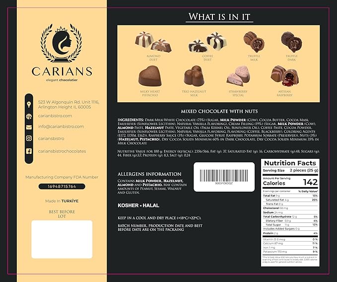 CARIANS Chocolatier Assorted Gourmet Chocolate Gift Box, Dark, Milk, White Chocolates Truffles, Treats for Thank you, Great for Gift Giving, Anniversary and Valentine's Day, 17 Pcs