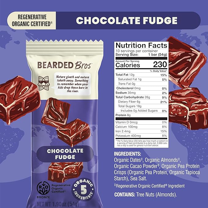Bearded Brothers, Organic Vegan Protein Energy Bars, Chocolate Fudge (10 Pack) - Gluten Free, Paleo, Fiber, Whole 30, Non GMO Low Glycemic Snacks