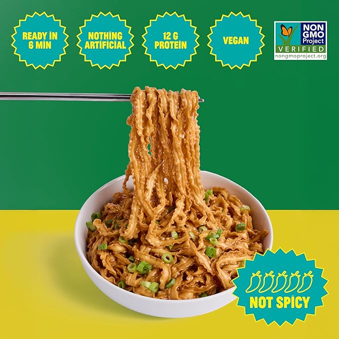 FLYBYJING Classic Soy Noodles - Sun-Dried, Wavy Asian Instant Noodles Tossed in Savory Soy Scallion Sauce - Ready in 6 Minutes - Vegan, High Protein, No MSG, 3.45 oz (Pack of 6)