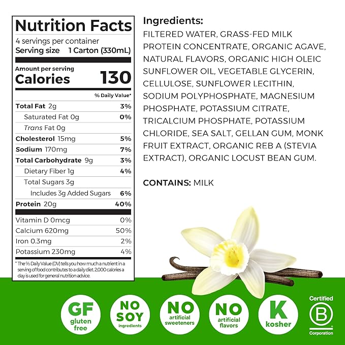 Orgain Clean Protein Shake, Grass Fed Dairy, Vanilla Bean - 20g Whey High Protein, Kosher, Ready to Drink, Low Net Carbs, Gluten Free, No Soy Ingredients, 11 Fl Oz (Pack of 4)