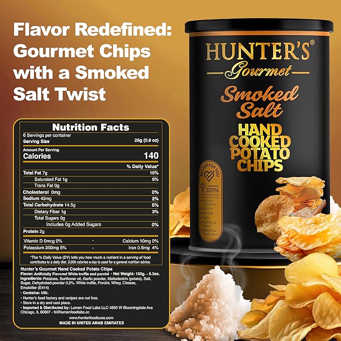 Hunter's Gourmet Premium Cholesterol Free Chips | Naturally Gluten-Free | No Artificial Colors or Preservatives | Made in a Nut-Free Facility | Smoked Salt | Hand-Cooked Snacks | Pack of 1 | 150g