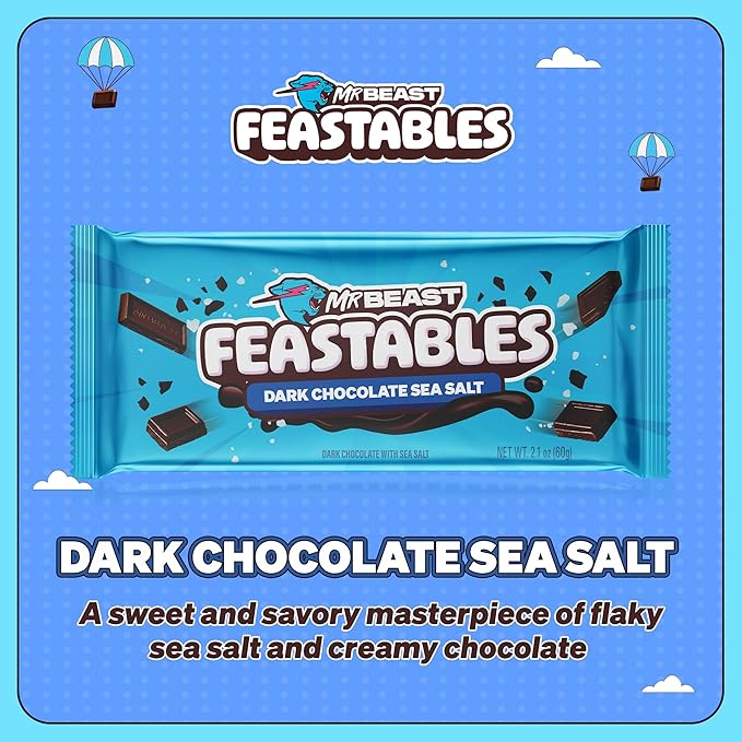 Feastables MrBeast Dark Chocolate with Sea Salt Chocolate Bar, King Size Candy Bar for Adults & Kids, Candy Bars for Snacks, Gifts, & Dessert, Sweet & Creamy Fairtrade Cocoa, 2.1 Oz Each, 10 Count