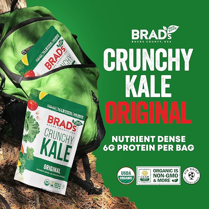 Brad’s Plant-Based - Organic Crunchy Kale Chips - Healthy Snack with Sea Salt - High in Plant-Based Protein & Fiber - Low Carb, Organic Veggie Chips - Original - 2 Oz (Pack of 3)